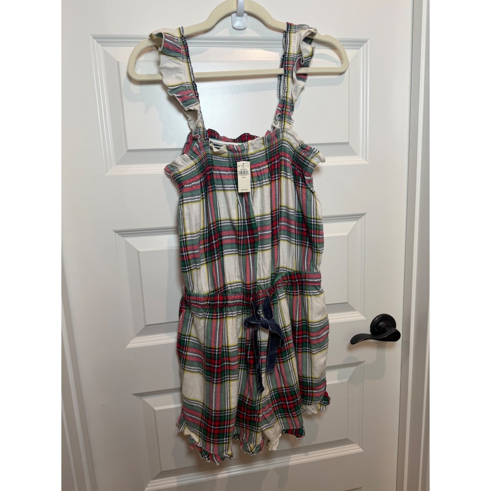 Aerie Plaid Flannel Ruffle Romper Red Green White Smocked Velvet Tie Medium NWT